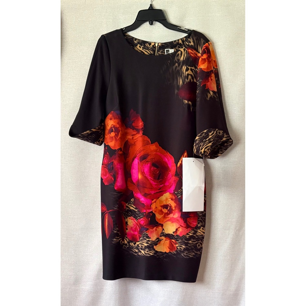 Julian Taylor New York Floral Leopard Print Sheath Dress Black Rust 14